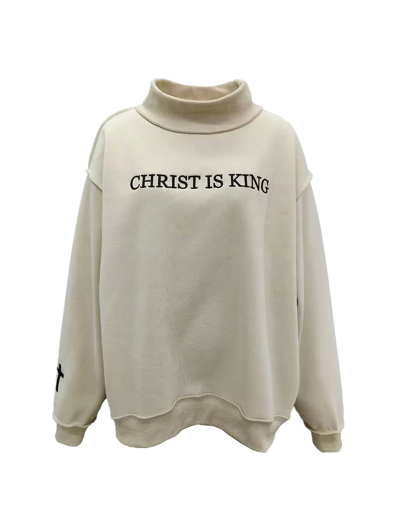 Beige 'CHRIST IS KING' Embroidered Mockneck