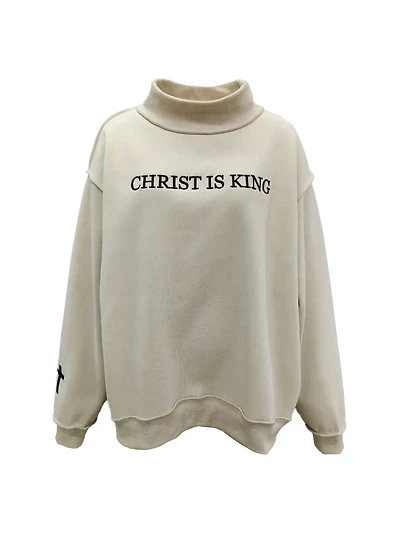 Beige 'CHRIST IS KING' Embroidered Mockneck