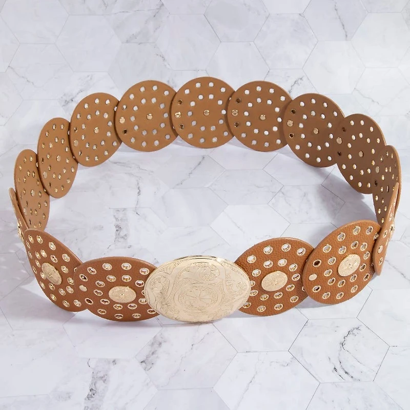 Brown & Gold Leather Grommet Disc Chain Belt