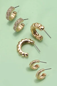 TRIO RHINESTONE TEXTURED HUGGIE HOOP EARRINGS