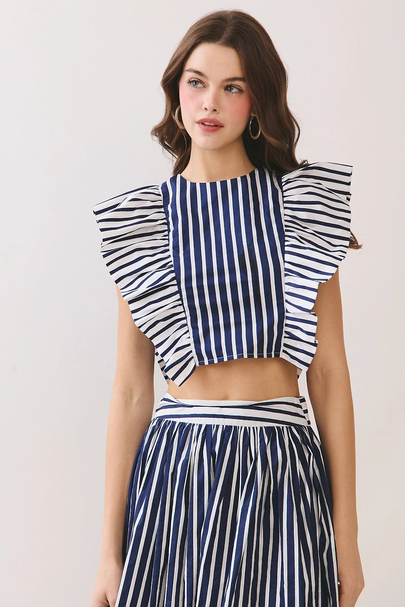 Striped Ruffle Sleeves Cropped Top