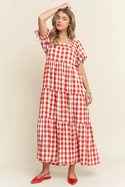 Red Checkers Puff Sleve Dress