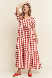 Red Checkers Puff Sleve Dress