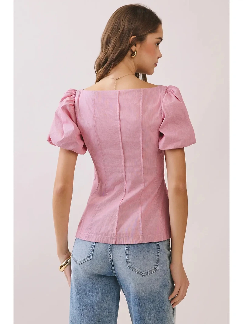 Red Striped Square Neck Puff Sleeve Top