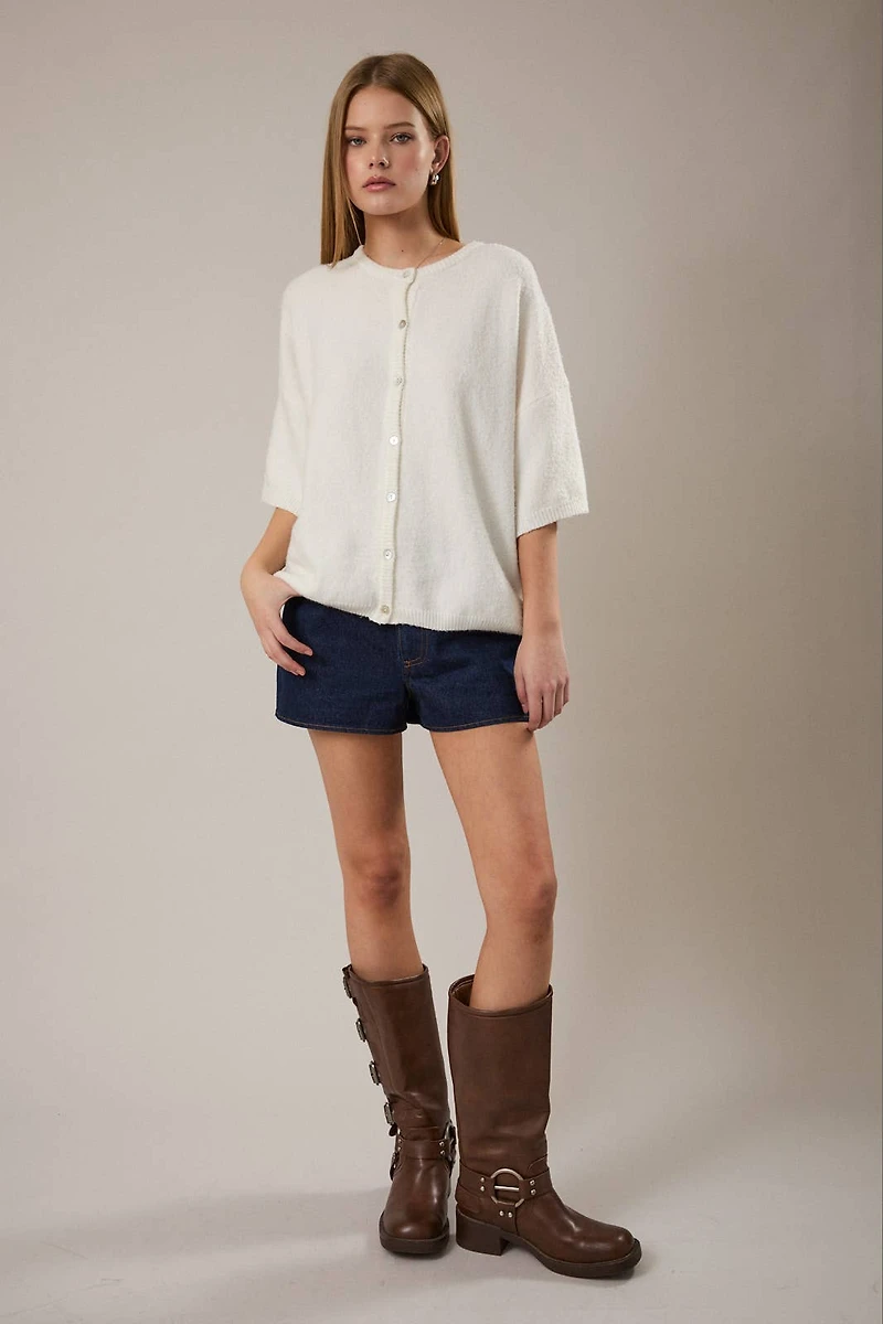 White Short Sleeve Sweater Cardigan