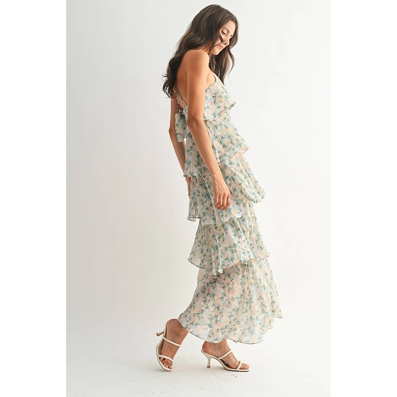 Green Floral Ruffle Tiered Maxi Dress
