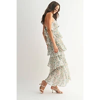 Green Floral Ruffle Tiered Maxi Dress
