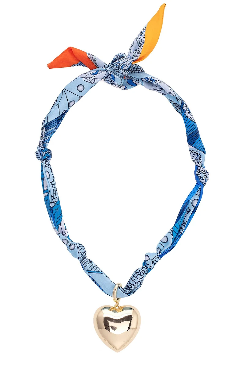 Gabby Puffy Heart Scarf Necklace in Aqua & White