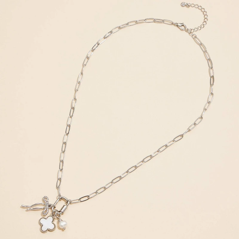 Gold Dipped Bow Charm Necklace with Clover & Pearl