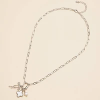 Gold Dipped Bow Charm Necklace with Clover & Pearl