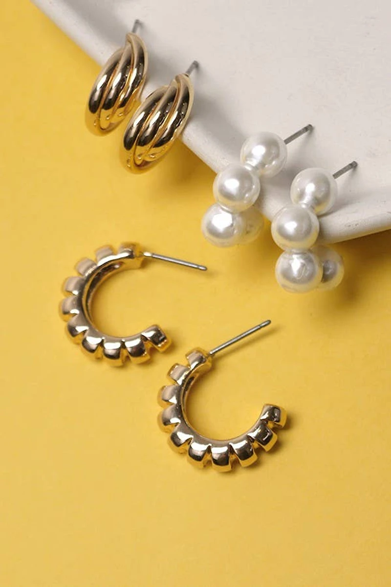 TWISTED HOOP PEARL EAR HUGGIE TRIO