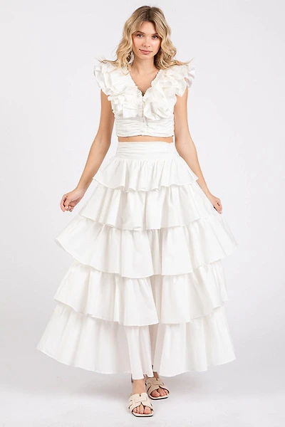 White Ruffle Frill Skirt Set