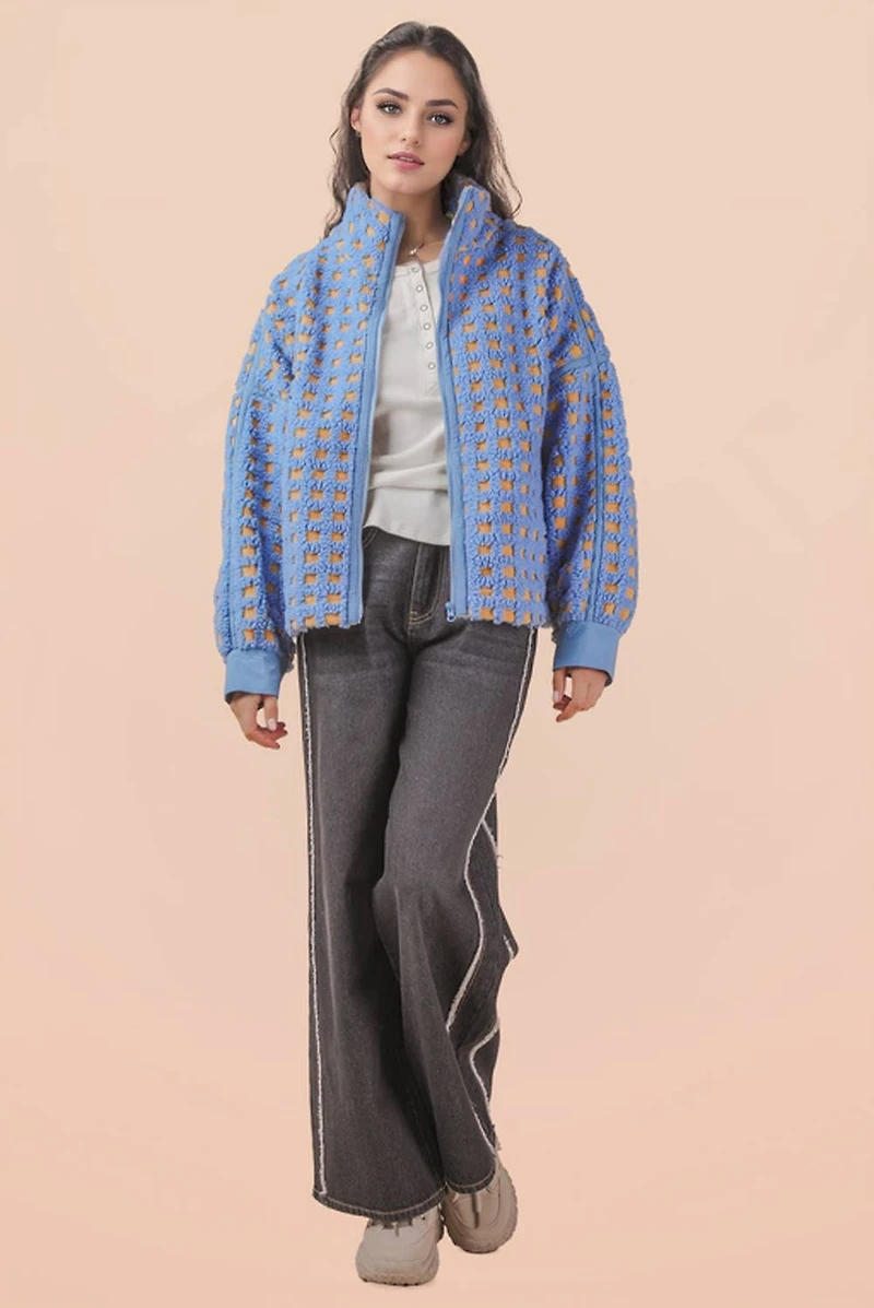 Blue/Orange Oversized Checker Fleece Jacket