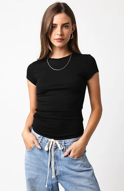 Black Ribbed Cap Sleeve Tee