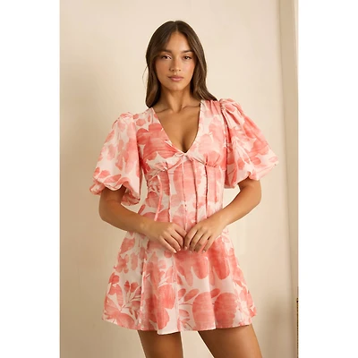 Pink Puff Sleeve Floral Mini Dress