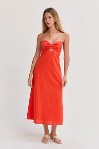 Orange Linen Front Twist Midi Dress