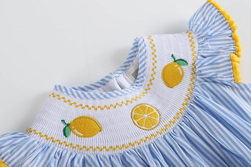 Light Blue Striped Lemons Smocked Ruffle Romper: 2T