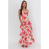 Pink Floral V-neck Tiered Maxi Dress