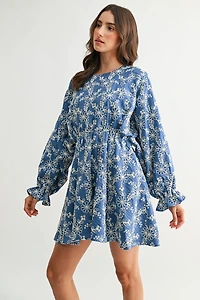 Blue Embroidered Long Sleeve Mini Dress