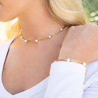 18K Gold Steel Station Pearl Paperclip Chain Bracelet