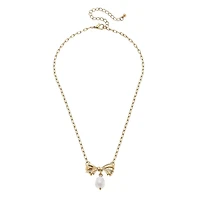 Cici Bow & Pearl Pendant Necklace in Worn Gold