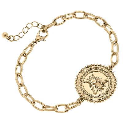 Nicolette Bee Medallion Chain Bracelet in Worn Gold