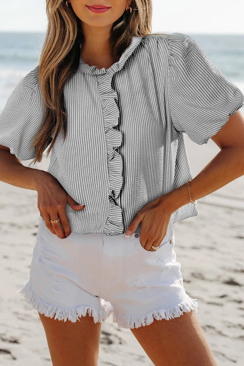 Black Striped Ruffled Blouse
