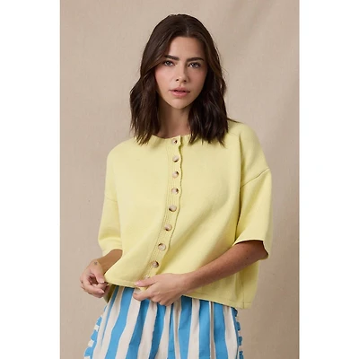 Yellow Button Up Short Sleeve Sweater