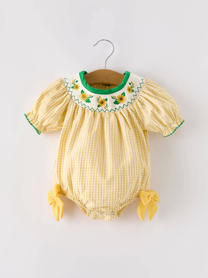 Yellow Plaid Floral Smocking Embroidered Baby Girl Romper