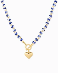 Blue Ceramic Bead Puffy Heart Toggle Necklace