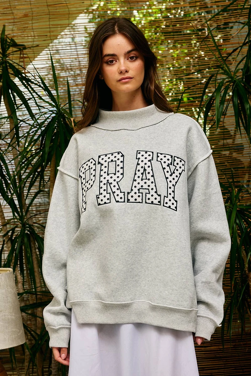 Gray Pray Embroidered Mock Neck