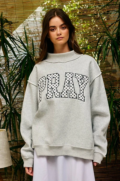 Gray Pray Embroidered Mock Neck