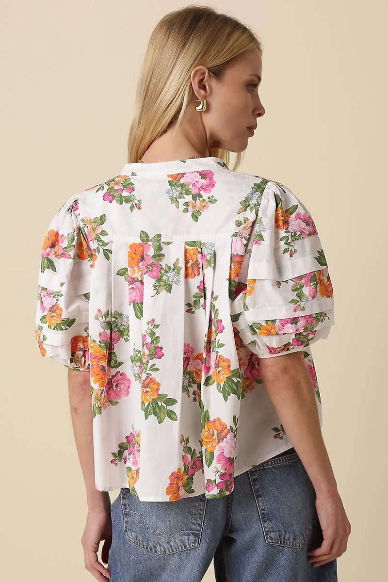 White Floral Puff Sleeve Blouse