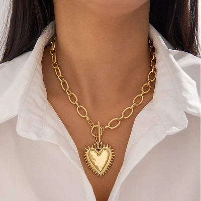 SPIKED HEART CHUNKY CHAIN TOGGLE NECKLACE | 40NK9575: GOLD