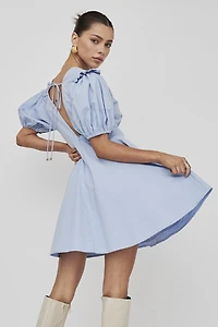 Blue Plunge Ruffle Sleeve Dress