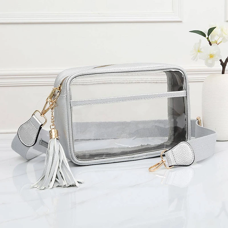 Faux Leather Transparent Rectangular Crossbody Bag: Clear,Silver