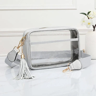 Faux Leather Transparent Rectangular Crossbody Bag: Clear,Silver