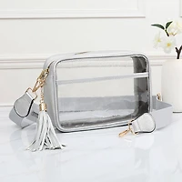 Faux Leather Transparent Rectangular Crossbody Bag: Clear,Silver