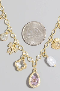 Heart Pearl And Floral Charms Chain Necklace