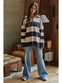 Navy & Cream Striped Half Zip