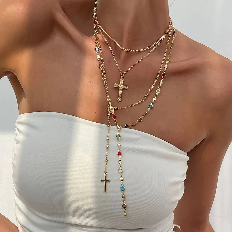 Boho Multi Stone Cross Layered Necklace