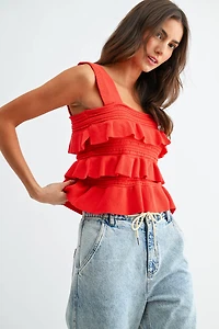 Red Ruffled Knit Sleeveless Top