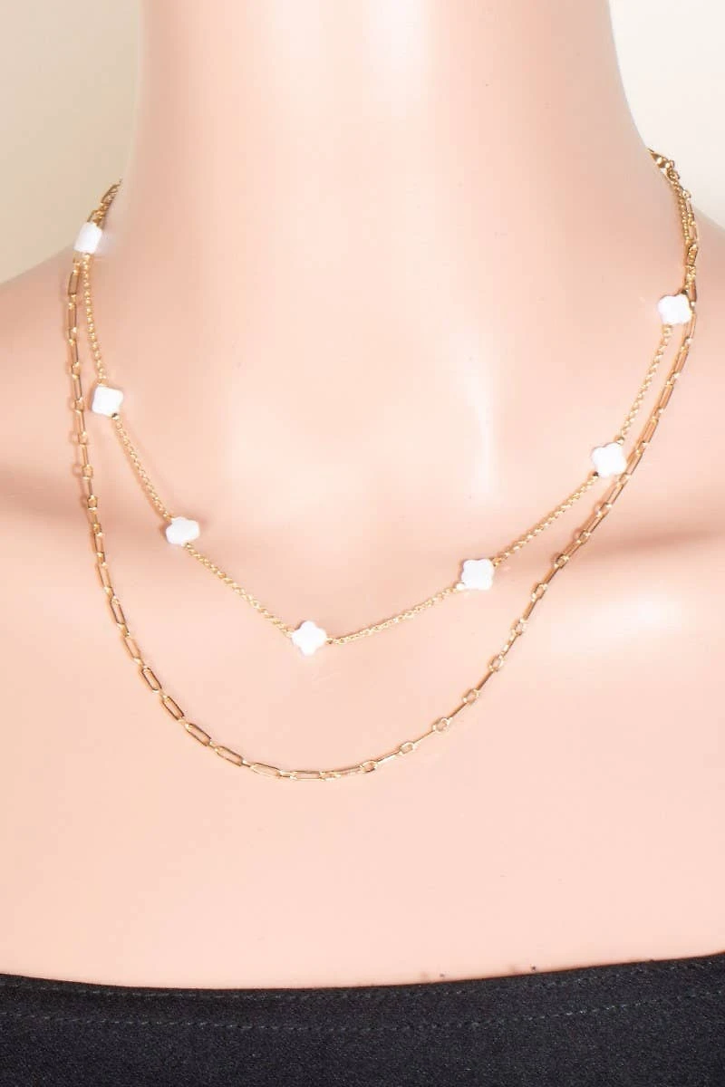 Clover Station Shell Charms Layered Chain Necklace