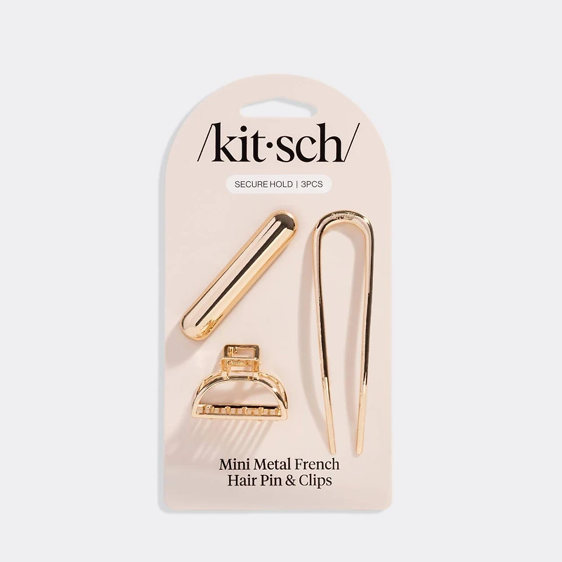 Mini Metal French Hair Pin & Clips 3pc Set - Gold