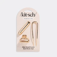 Mini Metal French Hair Pin & Clips 3pc Set - Gold