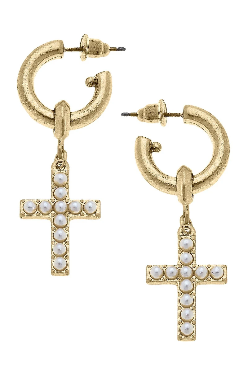 Meryl Pearl Studded Cross Drop Hoop Earrings in Worn Gold