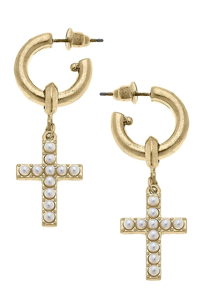 Meryl Pearl Studded Cross Drop Hoop Earrings in Worn Gold