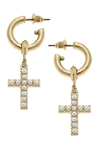Meryl Pearl Studded Cross Drop Hoop Earrings in Worn Gold