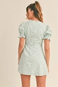 Blue Puffed Sleeve Mini Dress