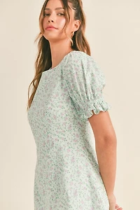 Blue Puffed Sleeve Mini Dress